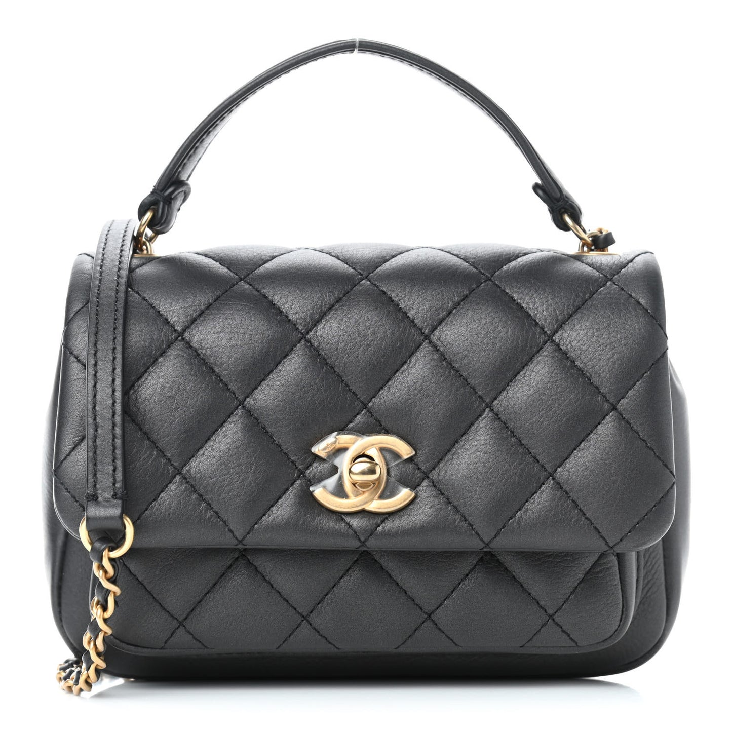 Calfskin Quilted Top Handle Flap Black
