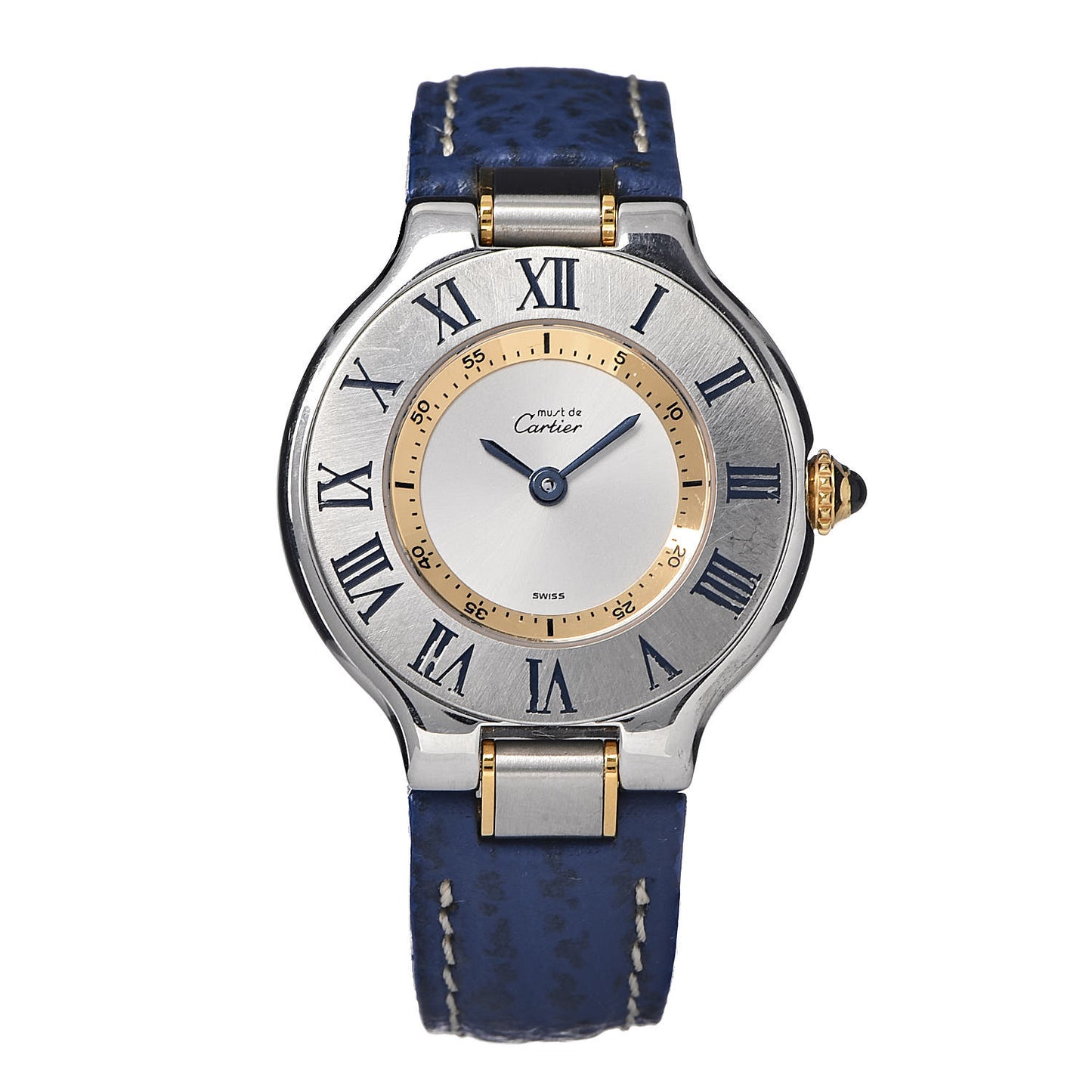 Stainless Steel 18K Yellow Gold Calfskin 28mm Must De 21 Quartz Watch Blue