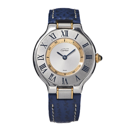 Cartier Stainless Steel 18K Yellow Gold Calfskin 28mm Must De 21 Quartz Watch Blue 1 of 9