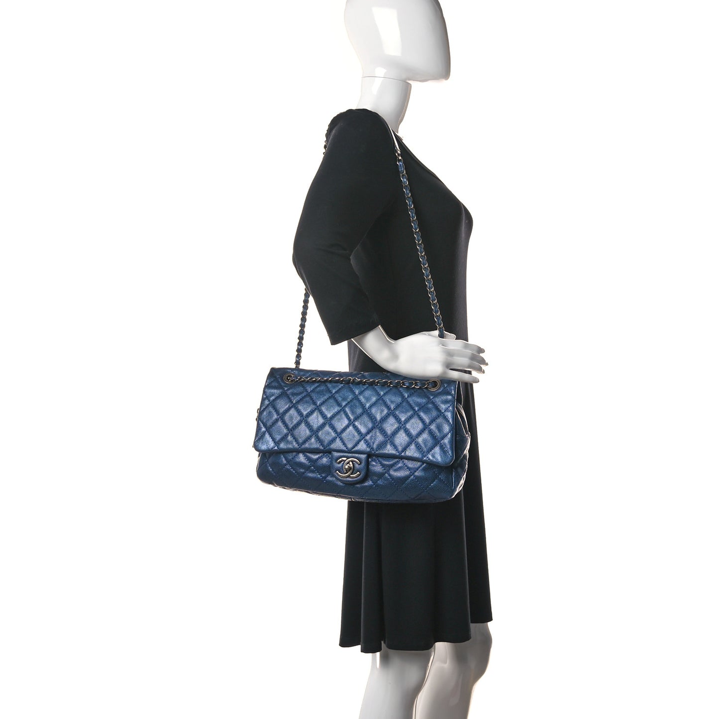 Metallic Caviar Quilted Large Chic Flap Blue