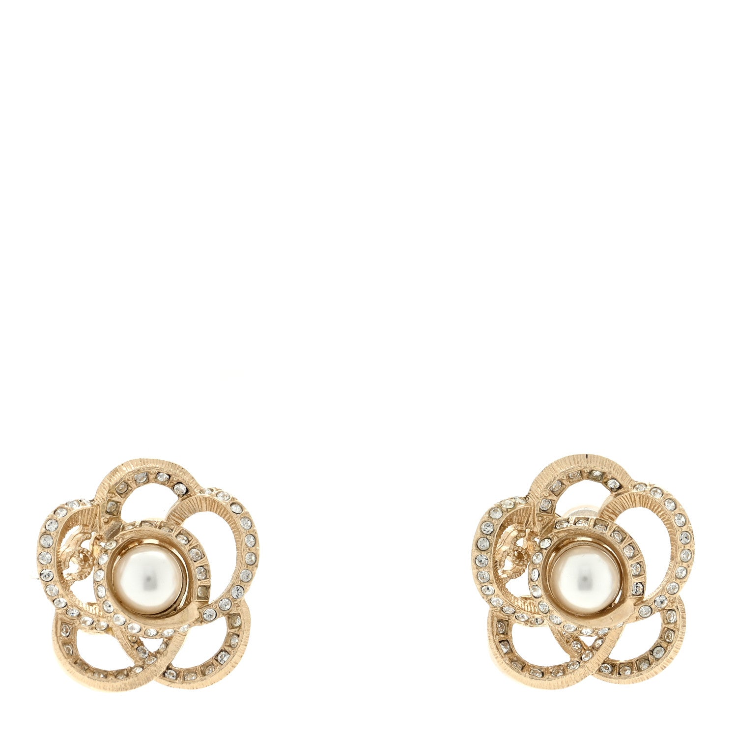 Chanel Crystal Pearl Camellia Earrings Gold 1 of 4