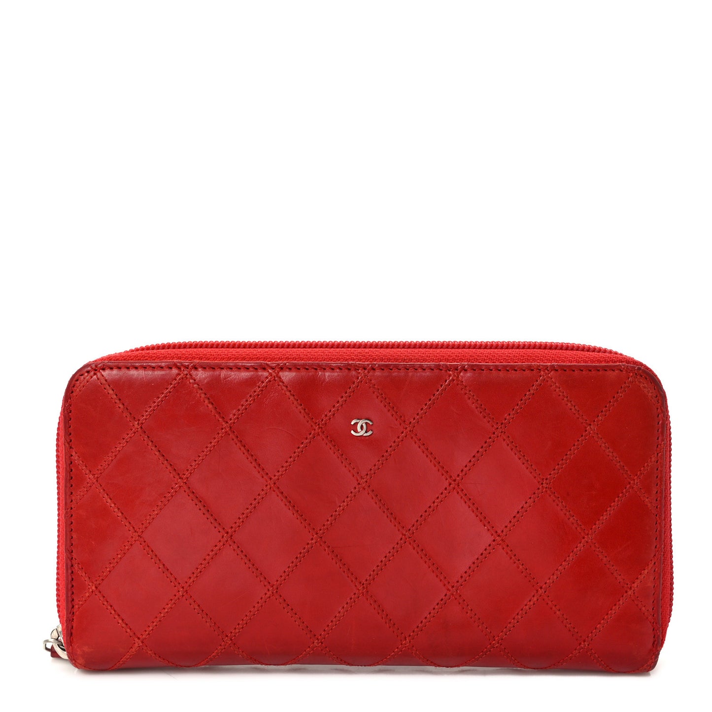Calfskin Diamond Stitch Zip Around Wallet Red