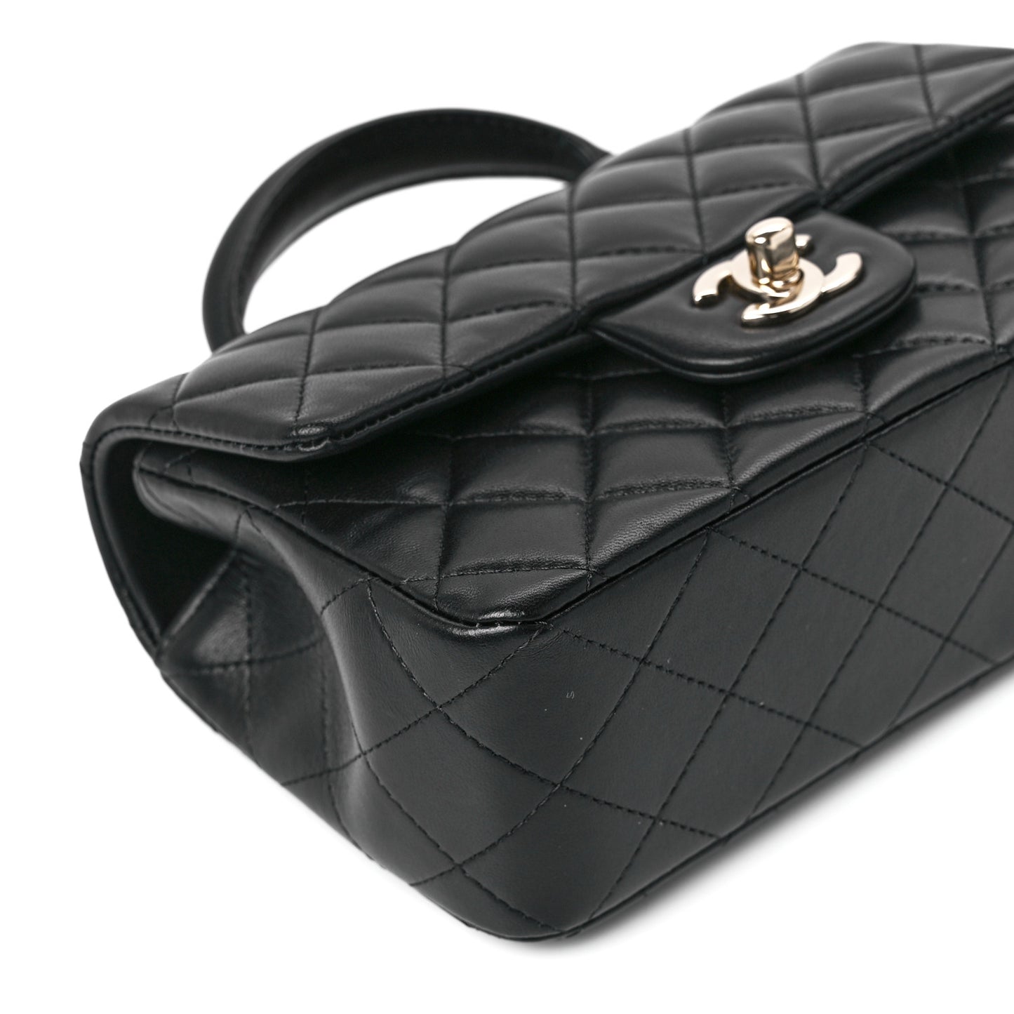 Lambskin Pearl Crystal Quilted Mini CC Lion Charm Top Handle Rectangular Flap Black