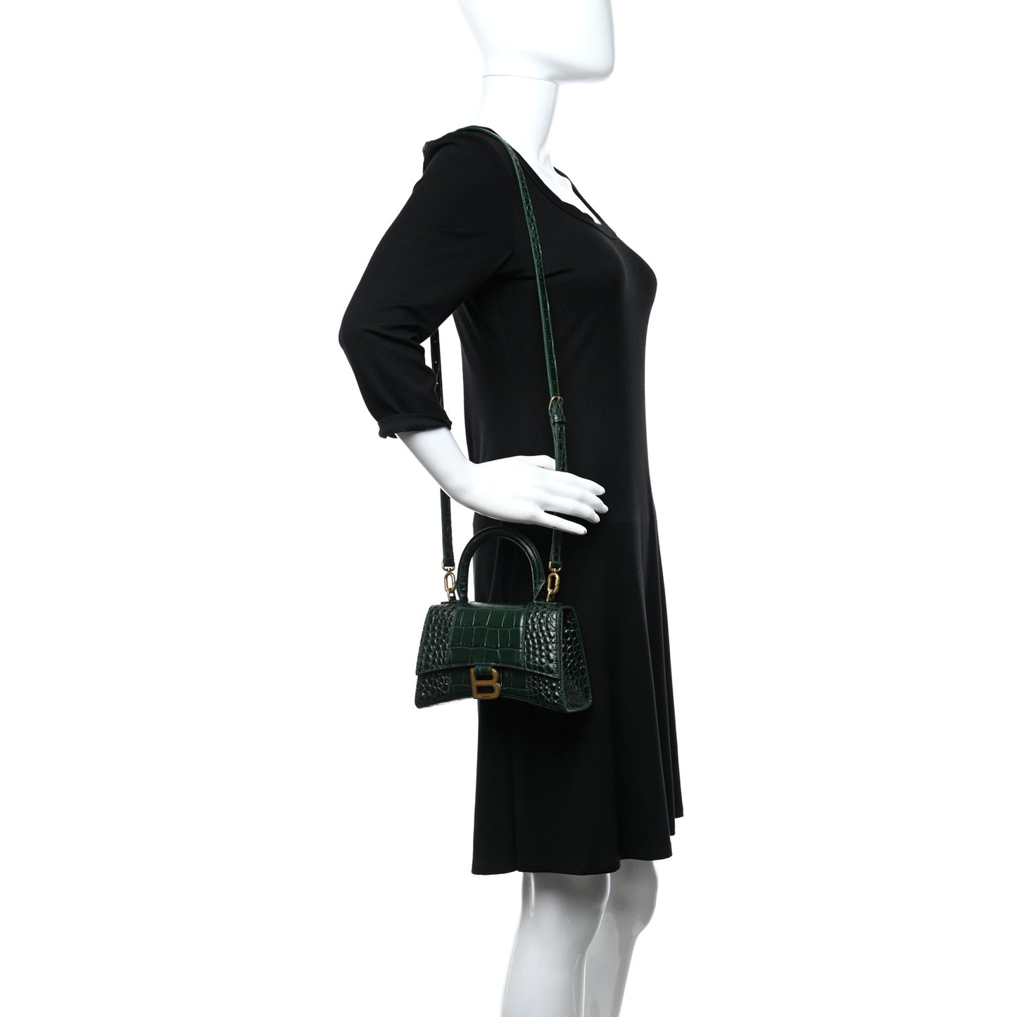 Shiny Calfskin Crocodile Embossed Hourglass Top Handle Bag XS Forest Green