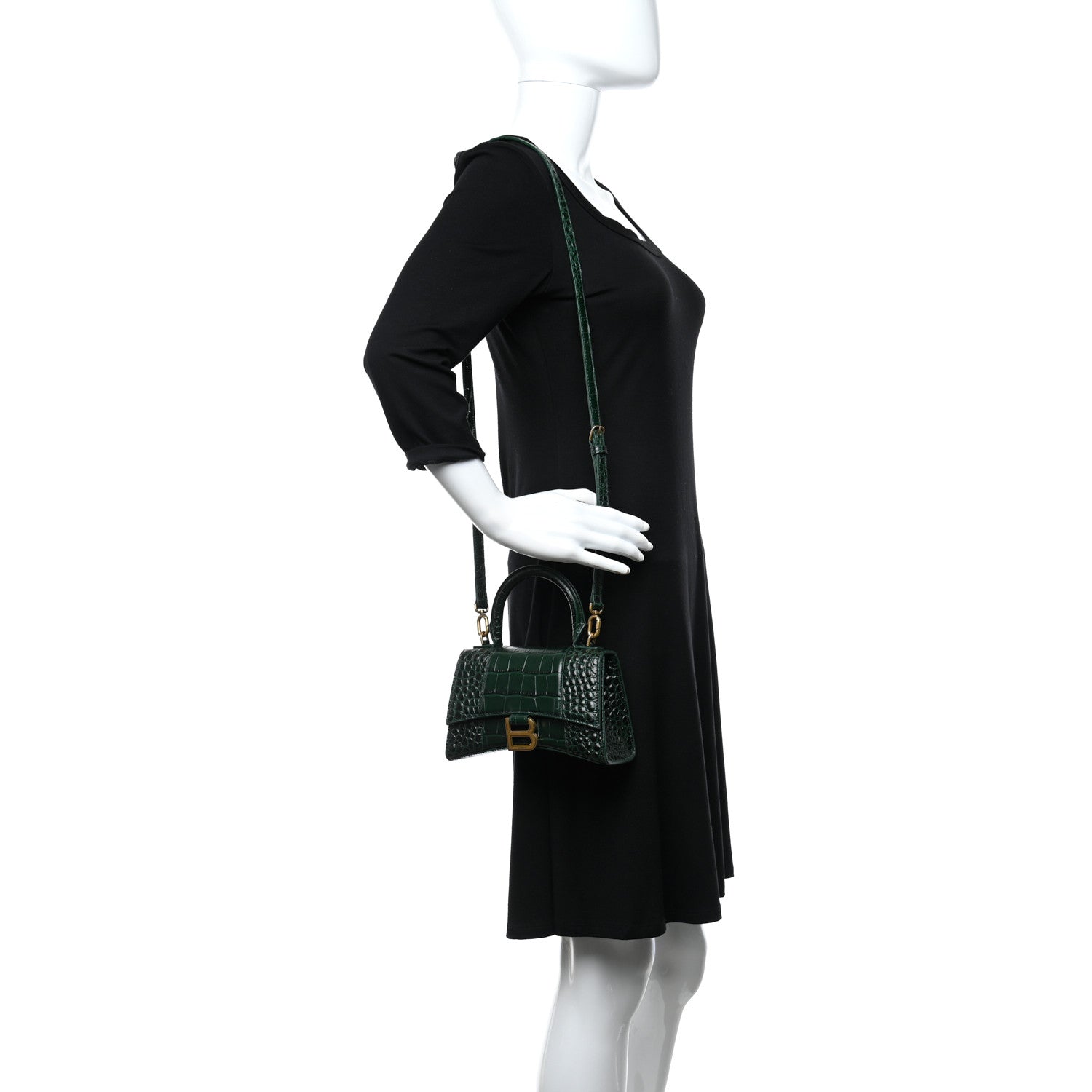 Balenciaga Shiny Calfskin Crocodile Embossed Hourglass Top Handle Bag XS Forest Green 2 of 10
