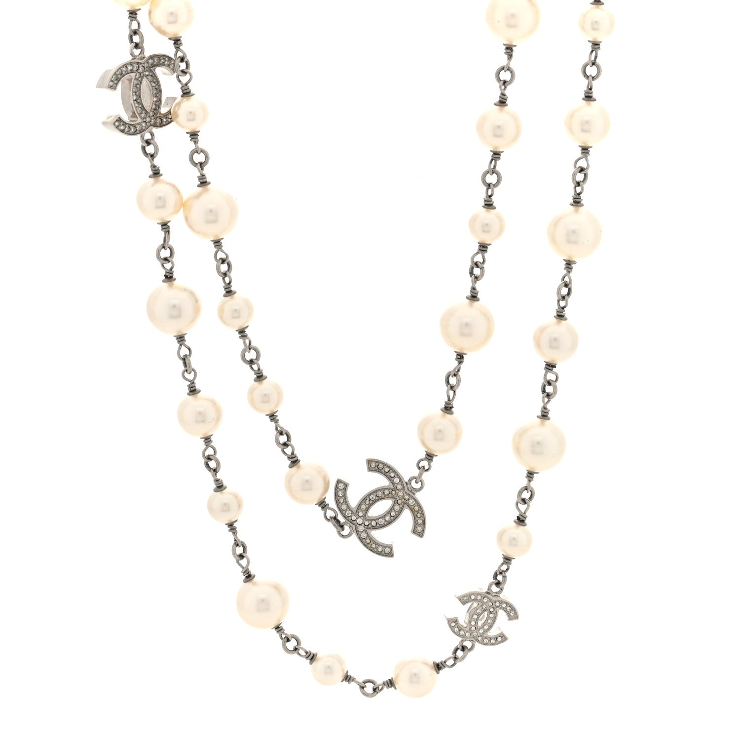 Chanel Crystal Pearl CC Long Necklace Silver 1 of 4