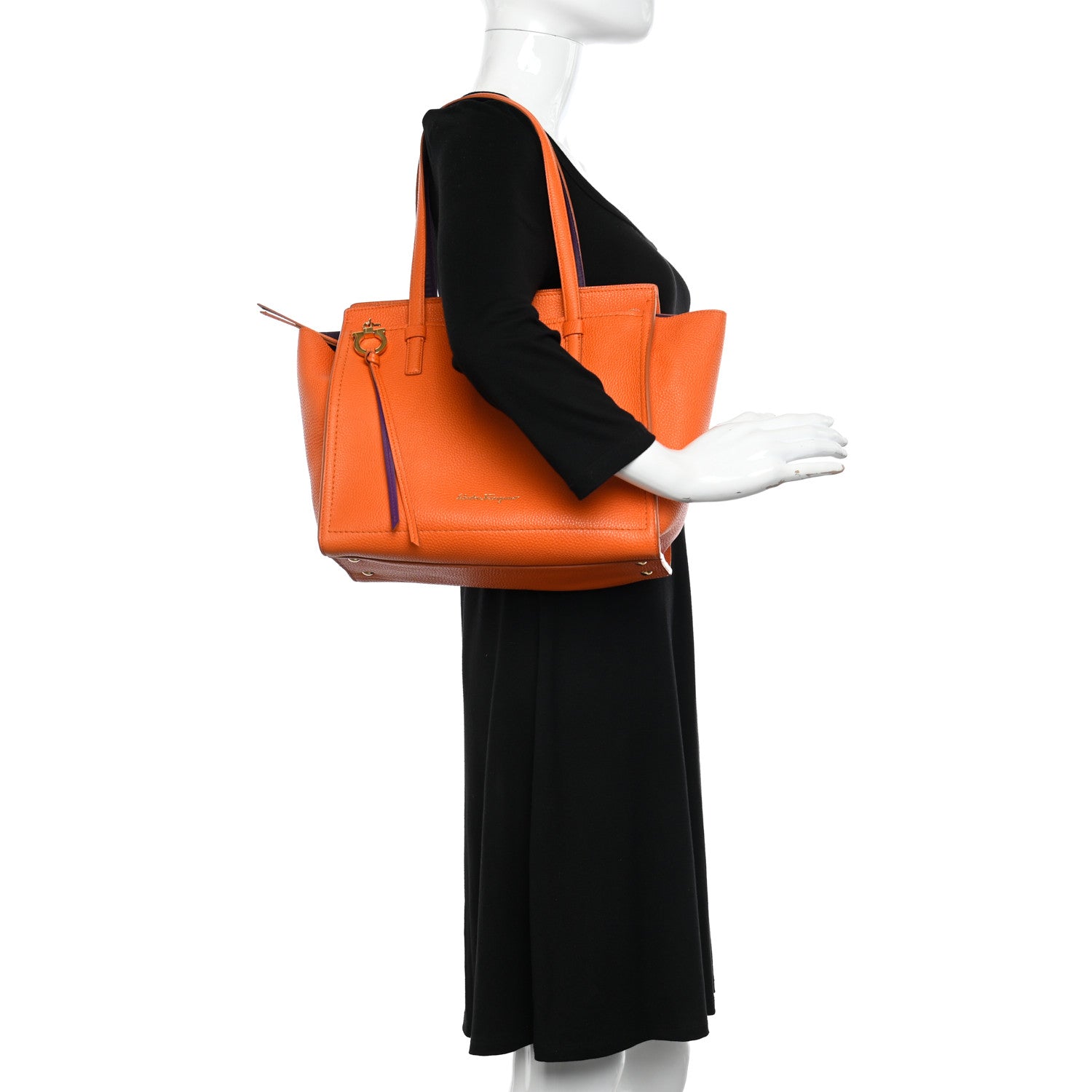 Salvatore Ferragamo Hammered Calfskin Double Handle Medium Amy Tote Orange Purple 3 of 13