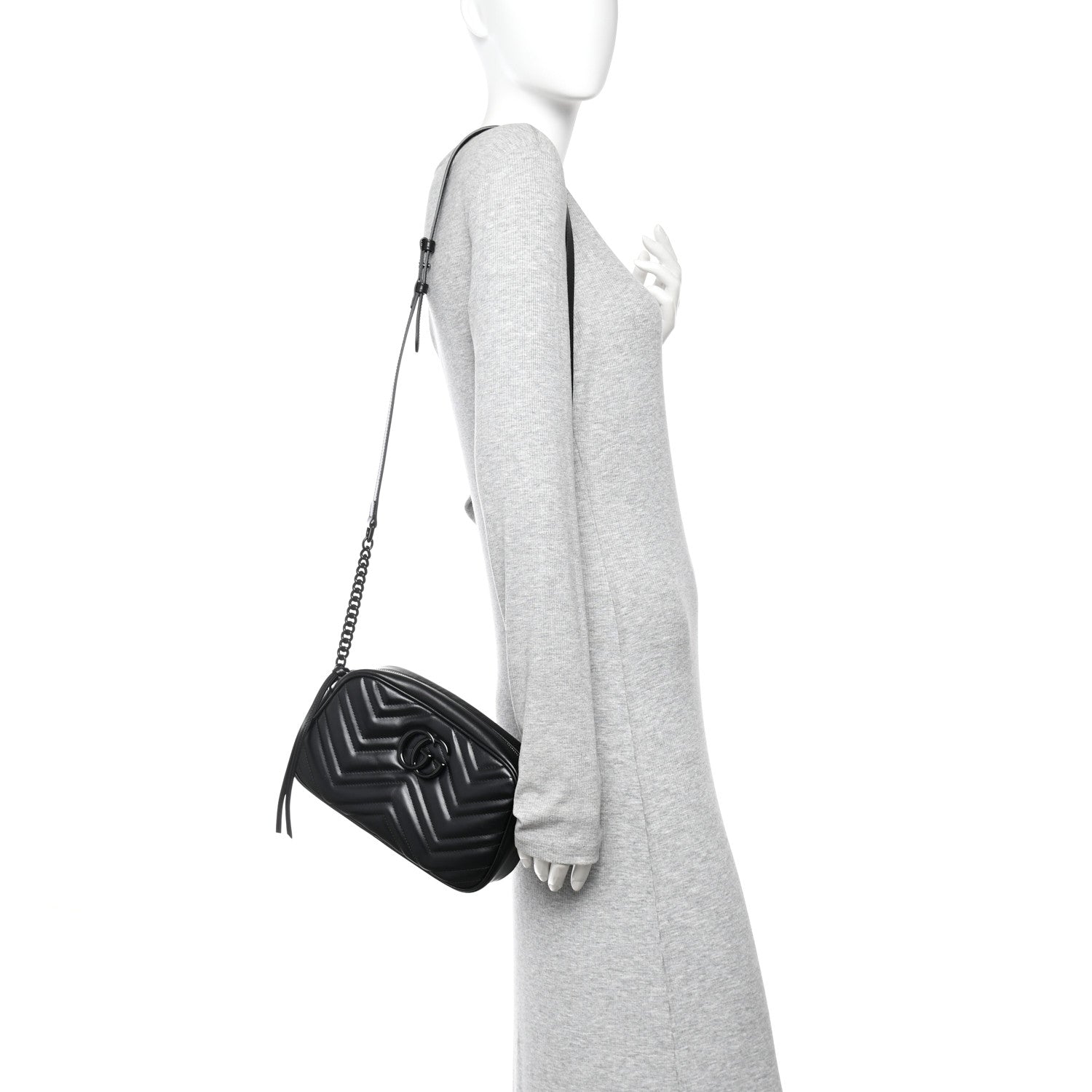 Gucci Calfskin Matelasse Monochrome Small GG Marmont Chain Shoulder Bag Black 2 of 11