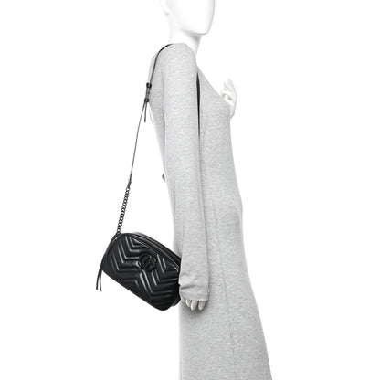 Gucci Calfskin Matelasse Monochrome Small GG Marmont Chain Shoulder Bag Black 2 of 11