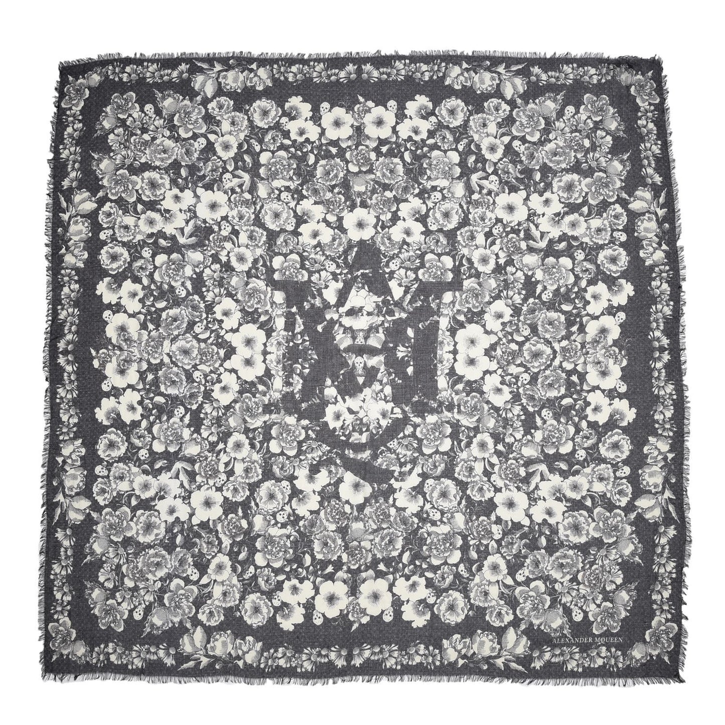Silk Floral Eaten Logo Skull Scarf Ivory Black