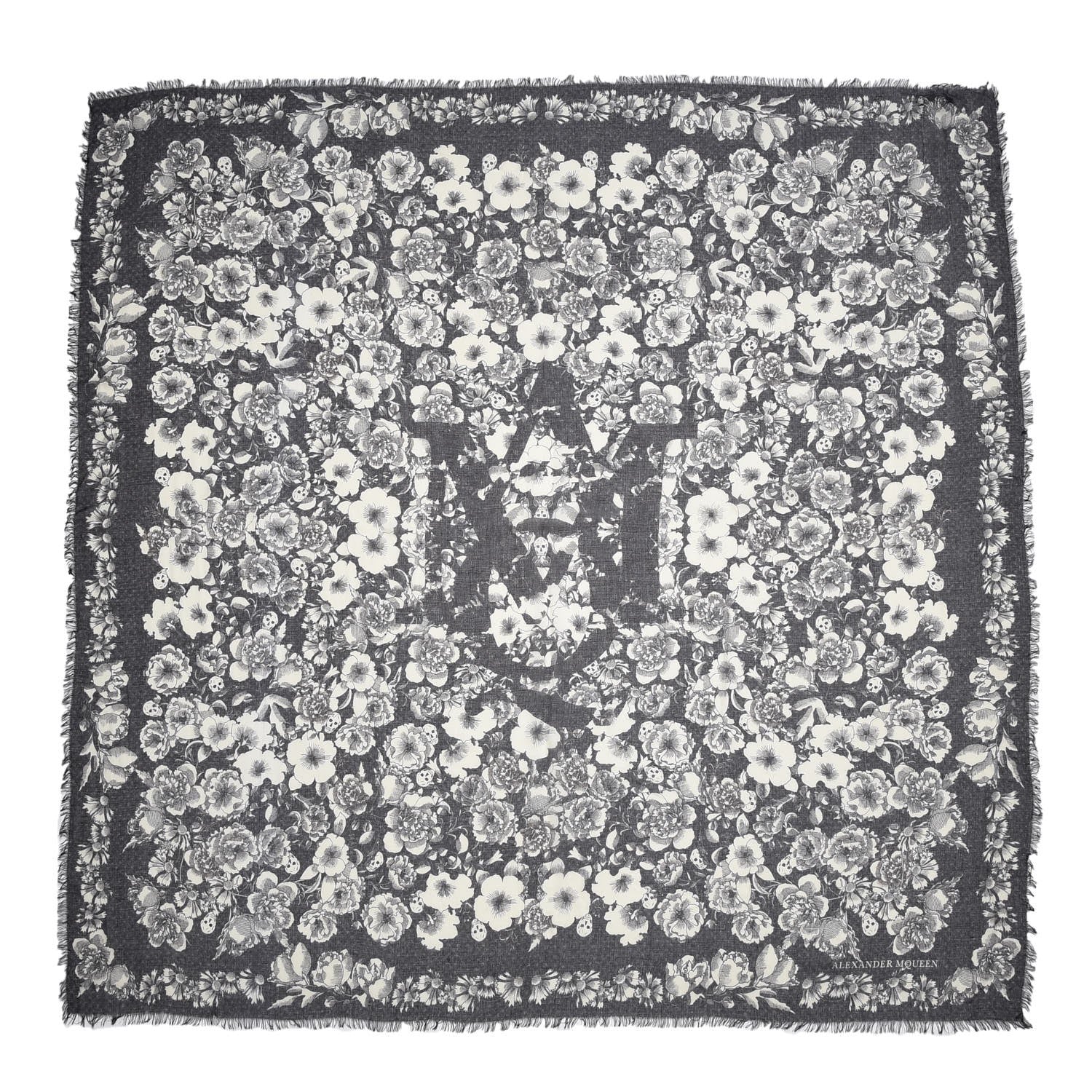 Alexander McQueen Silk Floral Eaten Logo Skull Scarf Ivory Black 3 of 6