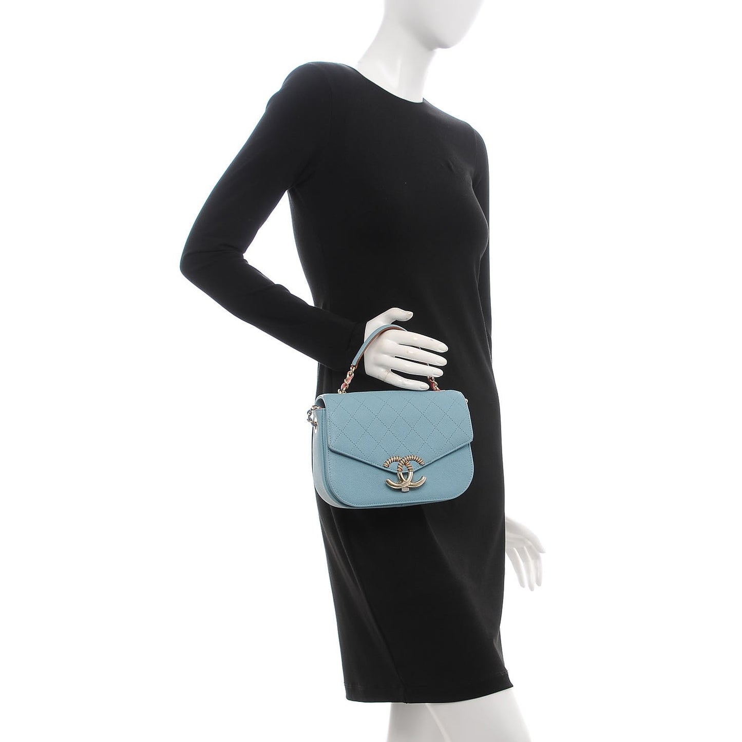 Grained Calfskin Quilted Small Cuba Top Handle Flap Blue