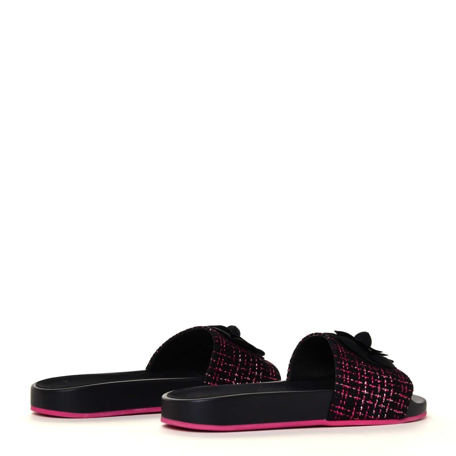 Chanel Tweed Grosgrain Camellia CC Flat Mules 40 Black Pink 8 of 12