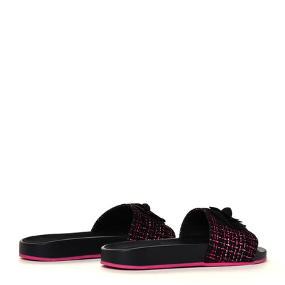 Chanel Tweed Grosgrain Camellia CC Flat Mules 40 Black Pink 8 of 12