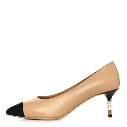 Chanel Lambskin Grosgrain Cap Toe CC Pearl Pumps 37.5 Beige Black 1 of 10