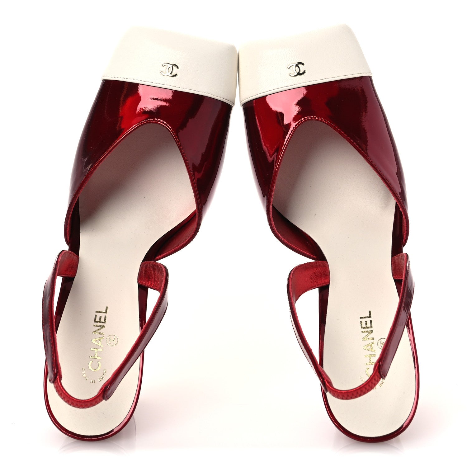 Chanel Laminated Calfskin Lambskin Cap Toe CC Slingback Pumps 40 Red Ivory 2 of 12