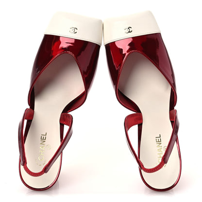 Chanel Laminated Calfskin Lambskin Cap Toe CC Slingback Pumps 40 Red Ivory 2 of 12