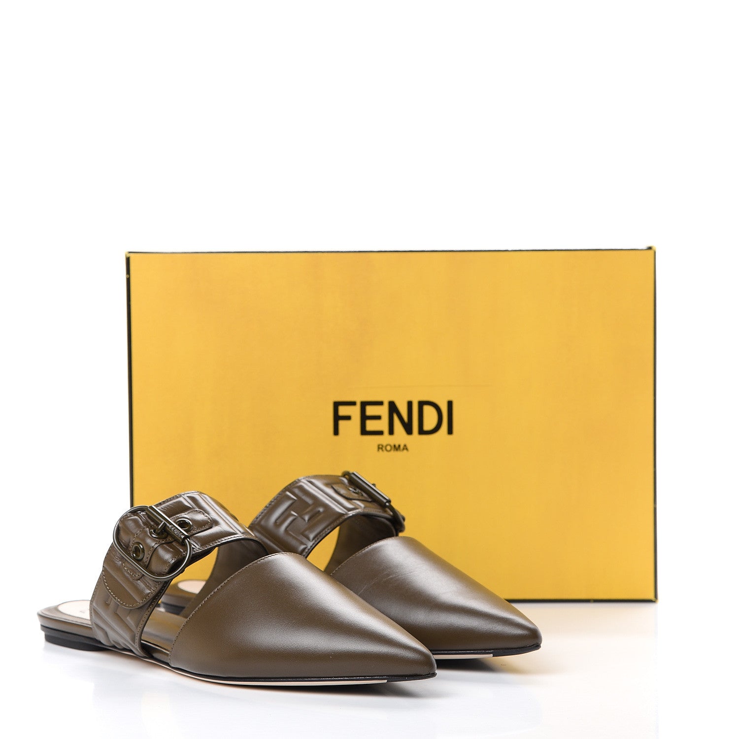 Fendi Vitello FF Embossed Buckle Flat Mules 39.5 Wood 10 of 10