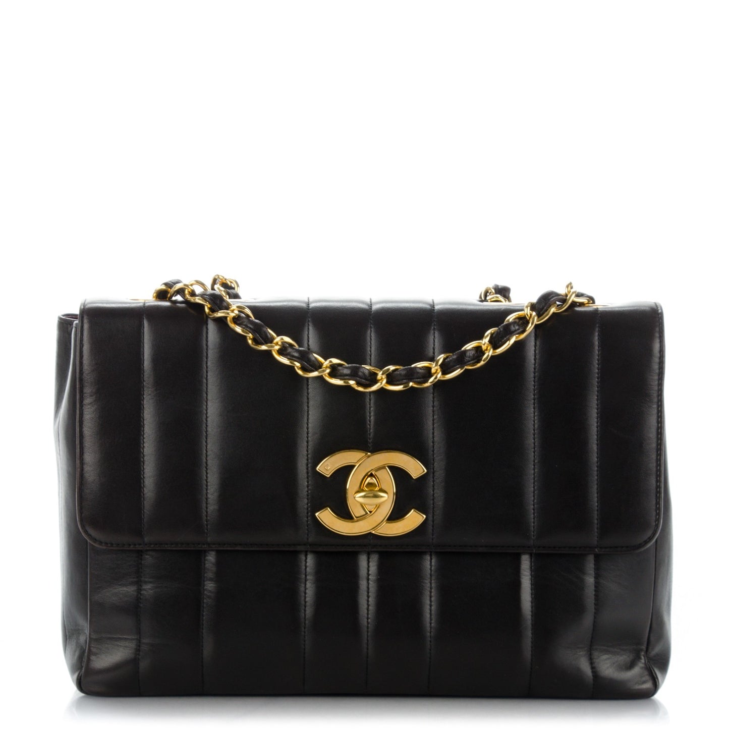 Lambskin Vertical Quilt Jumbo Flap Black