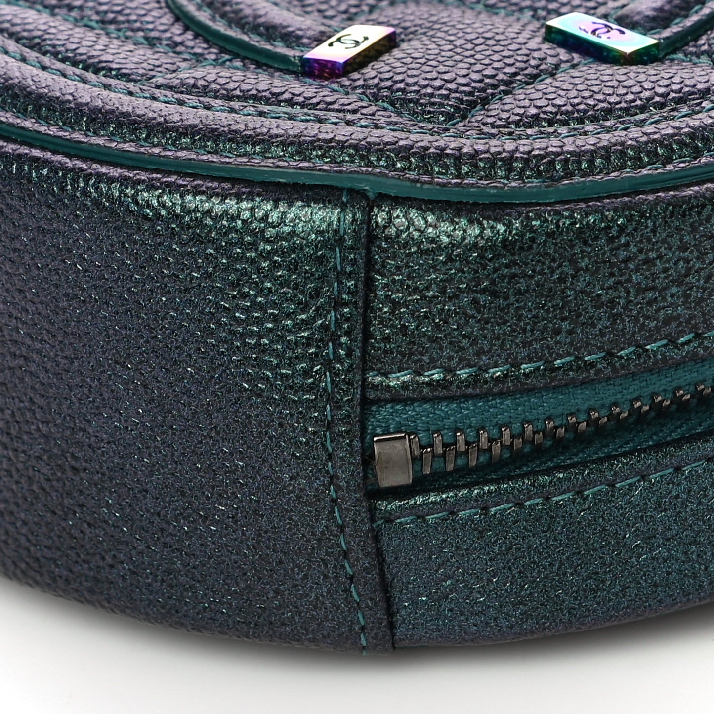 Iridescent Caviar Quilted Round Filigree Crossbody Dark Turquoise