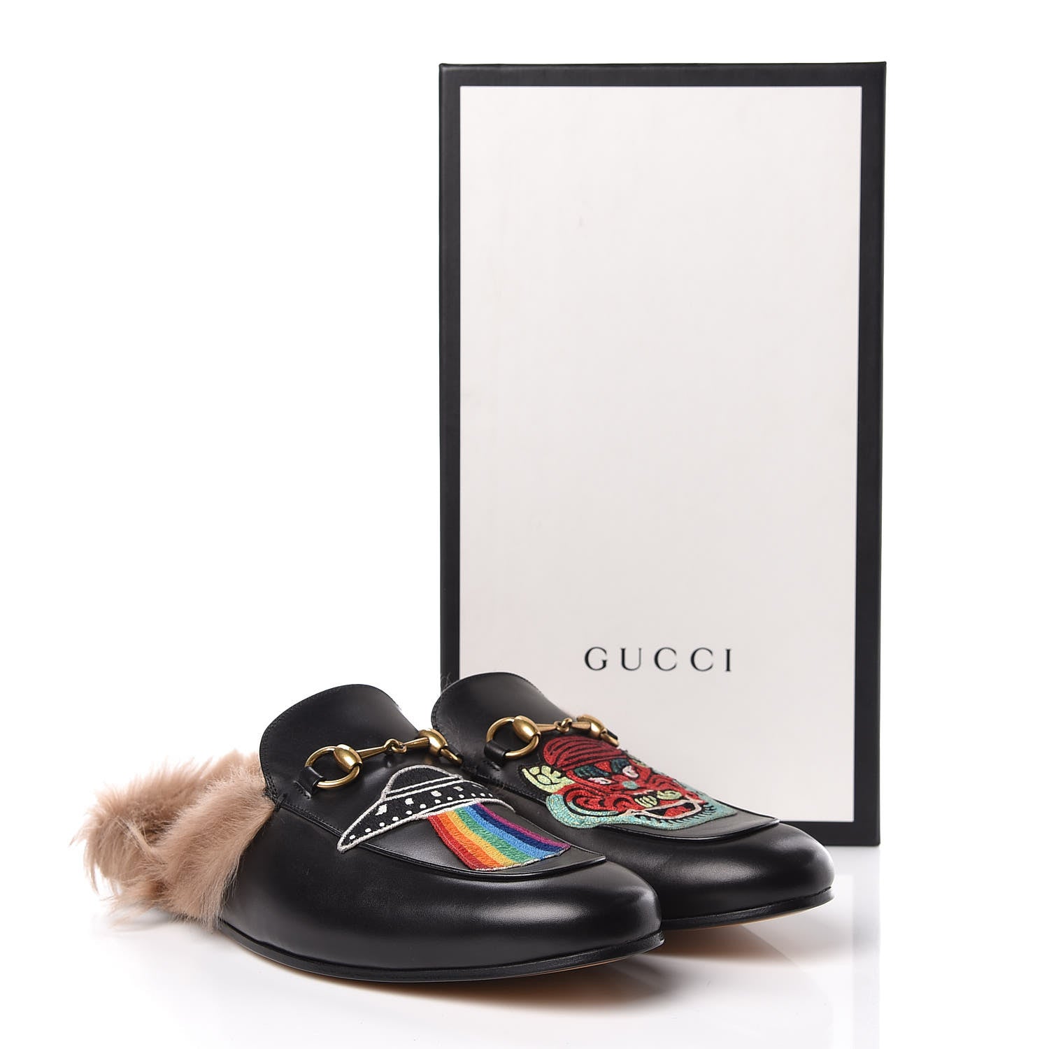 Gucci Calfskin Fur Dragon UFO Embroidered Mens Princetown Slippers 9 Black 10 of 10