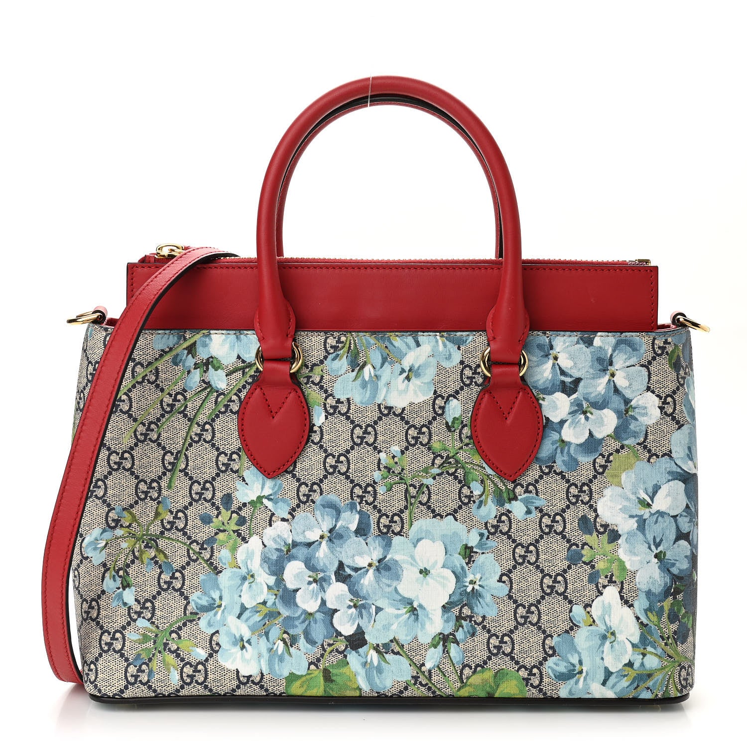 Gucci GG Supreme Monogram Blooms Medium Zip Top Tote Beige Blue Navy Hibiscus Red 1 of 11