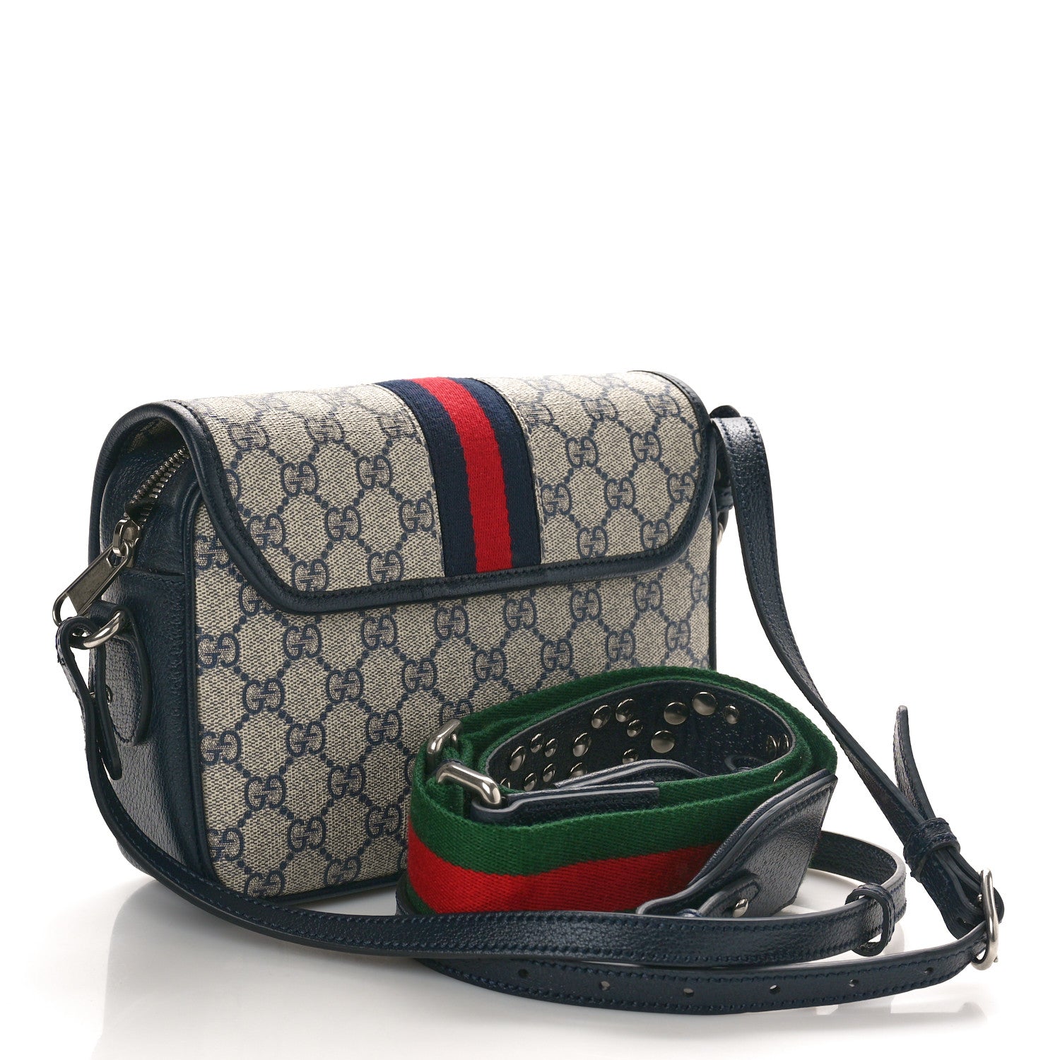 Gucci GG Supreme Monogram Textured Dollar Calfskin Web Studded Mini Ophidia Flap Shoulder Bag Beige Blue 3 of 10