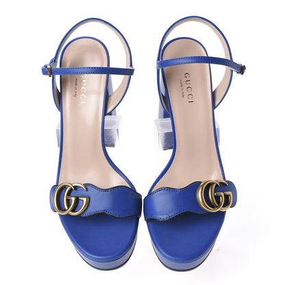 Gucci Calfskin GG Marmont Ankle Wrap 30/115mm Platform Sandals 36.5 Bright Blue 5 of 9