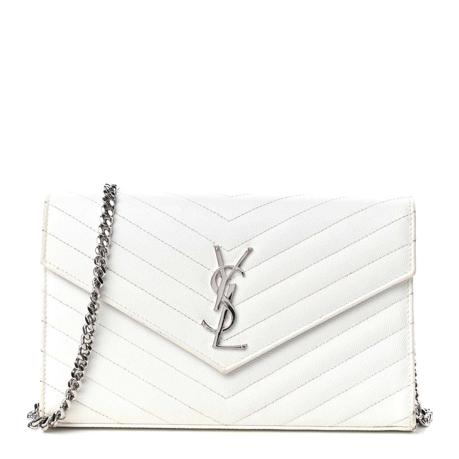 Saint Laurent Grain De Poudre Matelasse Chevron Monogram Chain Wallet White 1 of 9