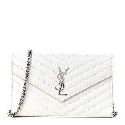 Saint Laurent Grain De Poudre Matelasse Chevron Monogram Chain Wallet White 1 of 9