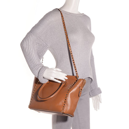 Valentino Garavani Textured Calfskin Rockstud Double Handle Tote Tan 2 of 10