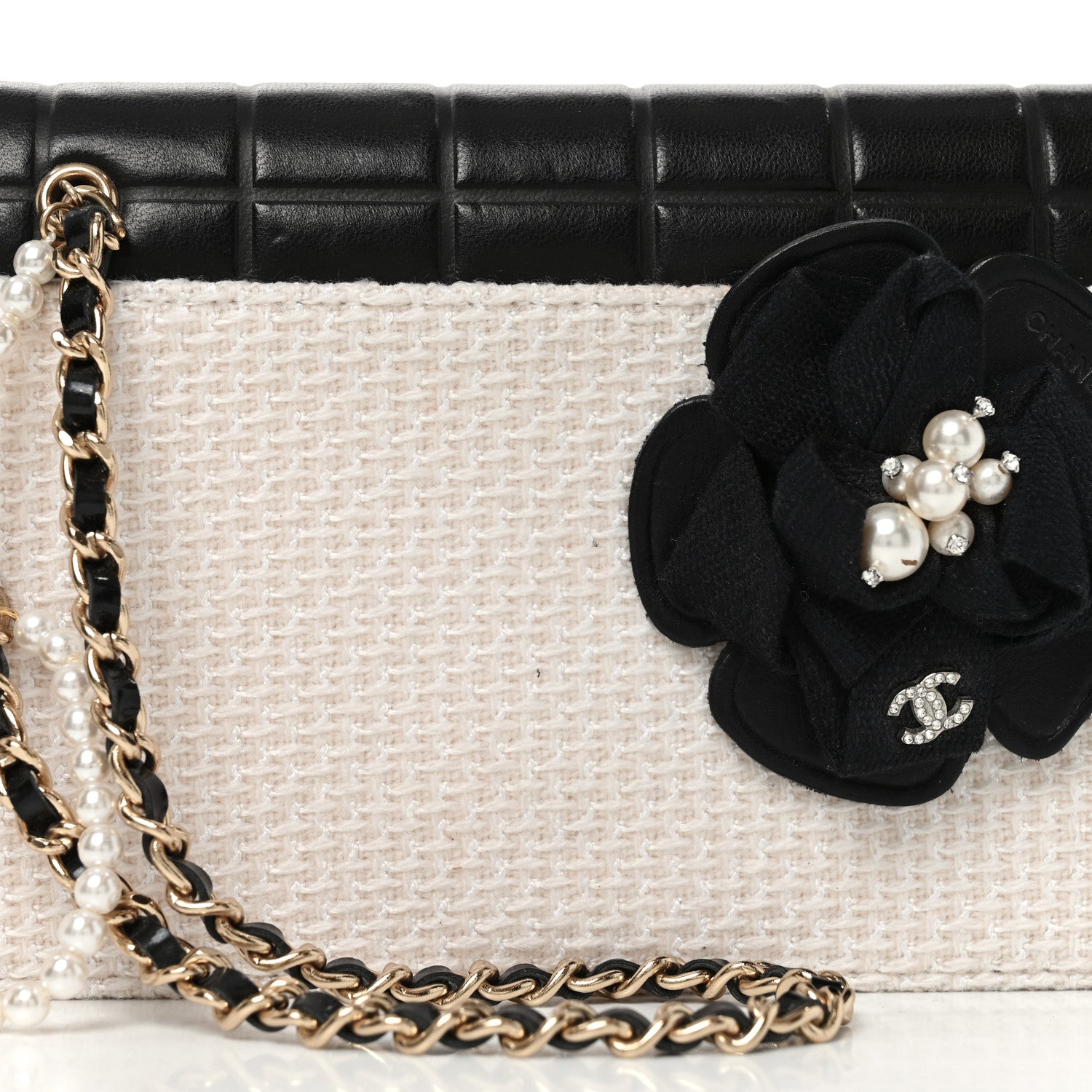 Chanel Tweed Jersey Lambskin Camellia Flap Chocolate Bar Pearl