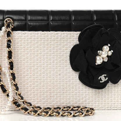 Chanel Tweed Jersey Lambskin Camellia Flap Chocolate Bar Pearl Chain Flap Clutch Black Beige 8 of 11