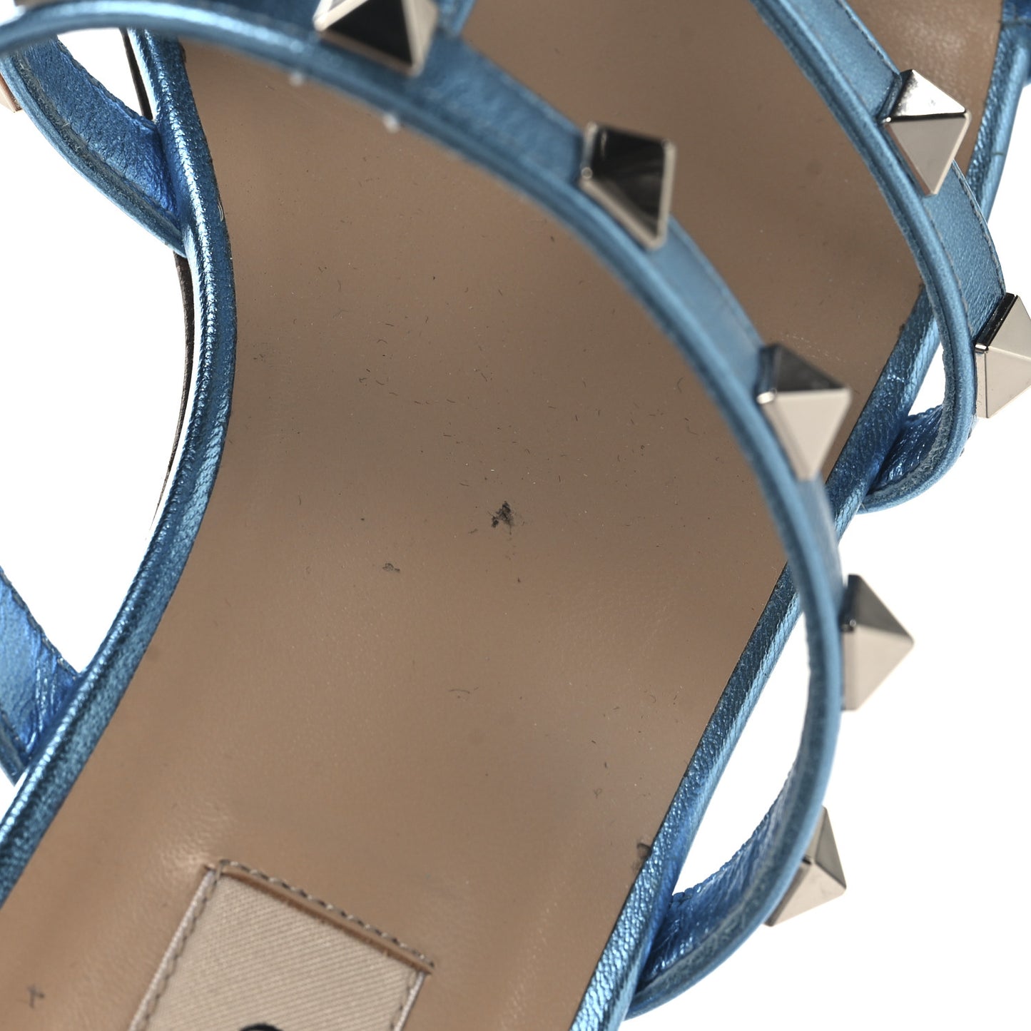 Metallic Nappa Rockstud Caged Flat Slide Sandals 37 Cerulean