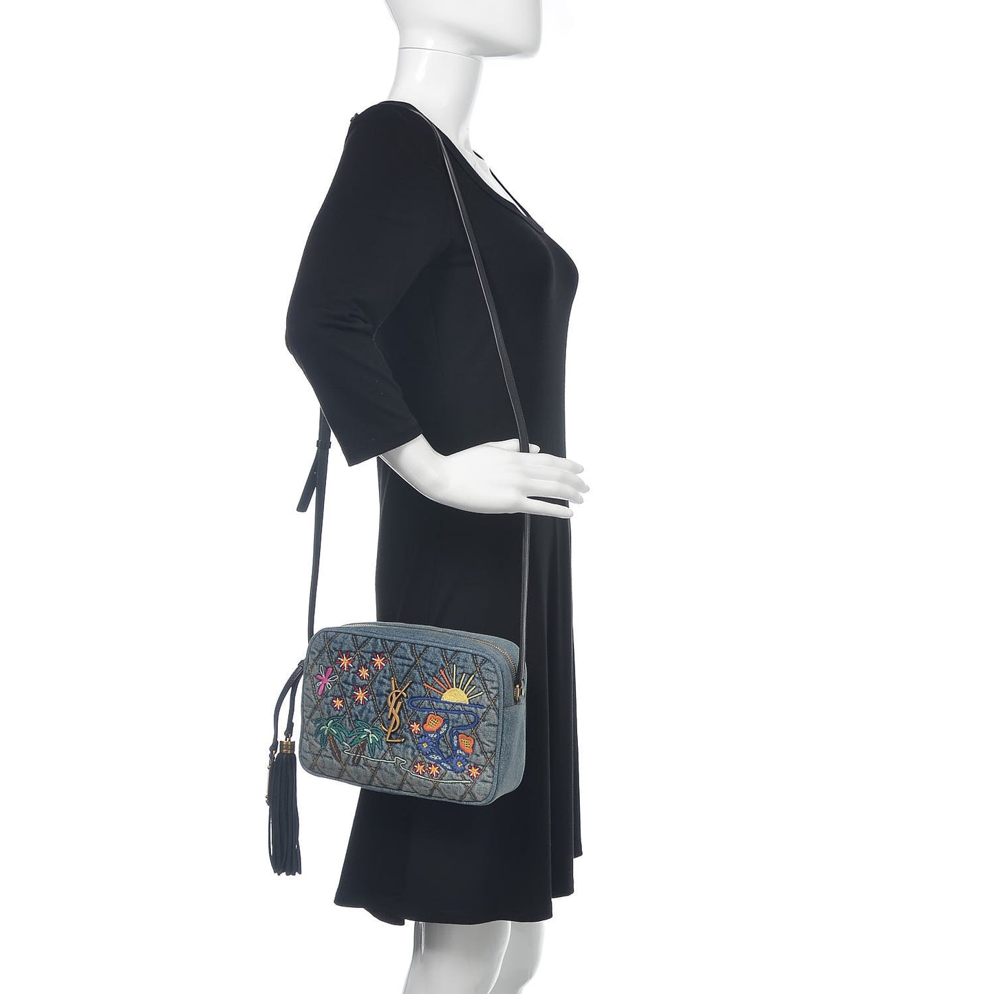 Denim Matelasse Quilted Summer Embroidered Classic Monogram Camera Bag Blue