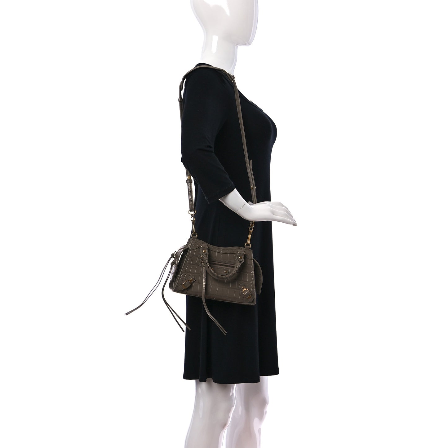 Shiny Supple Calfskin Crocodile Embossed Neo Classic Gold Hardware Mini City Mink Grey