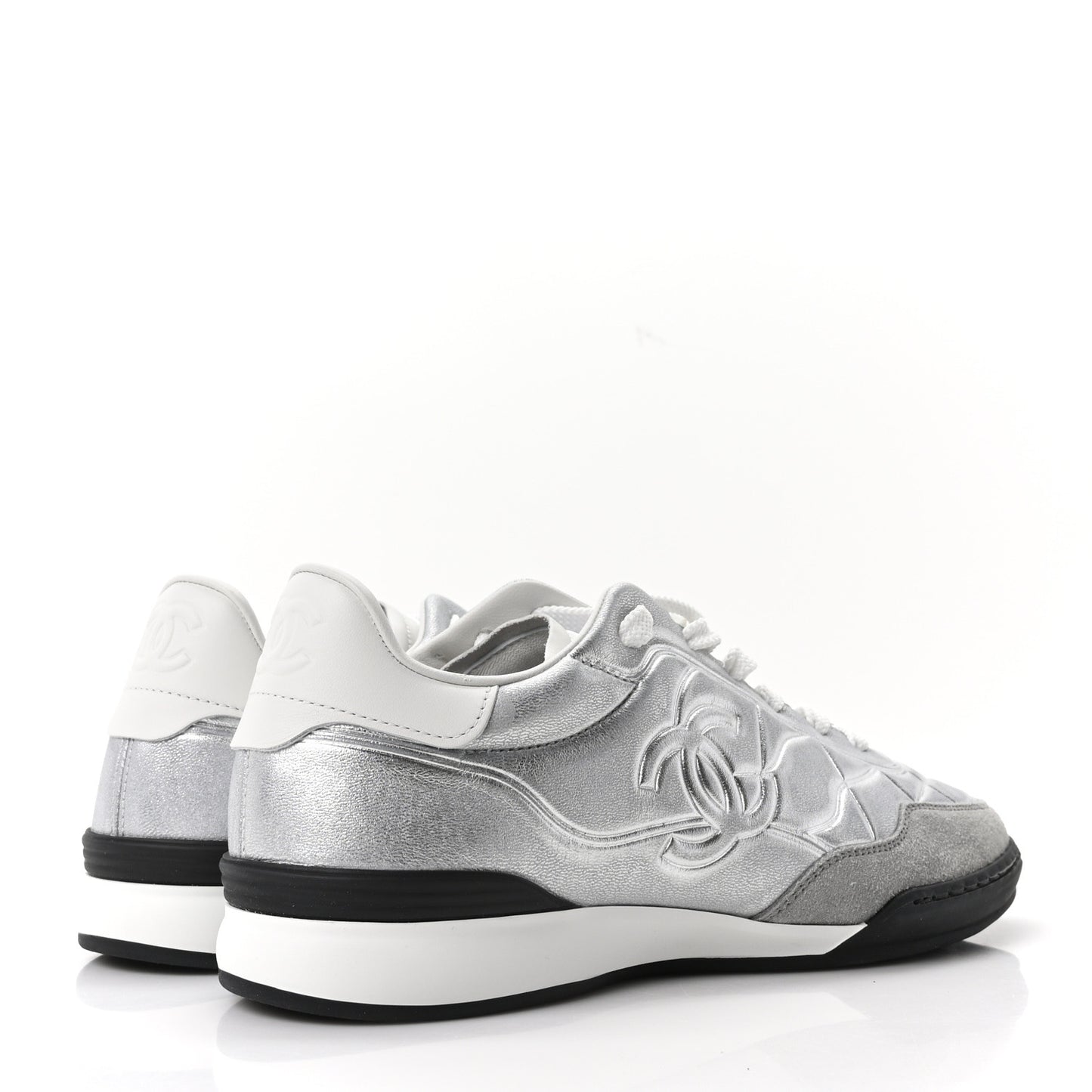 Laminated Lambskin Suede Quilted Womens CC Sneakers 37.5 Silver Gray