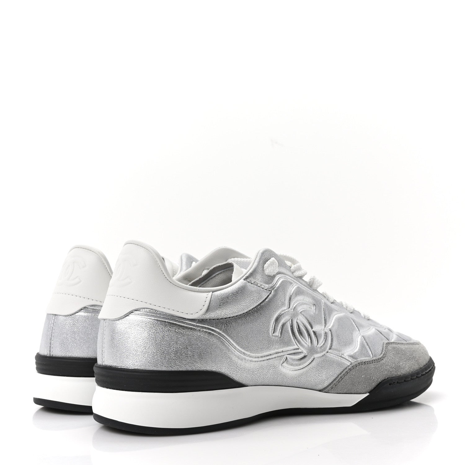 Chanel Laminated Lambskin Suede Quilted Womens CC Sneakers 37.5 Silver Gray 5 of 10