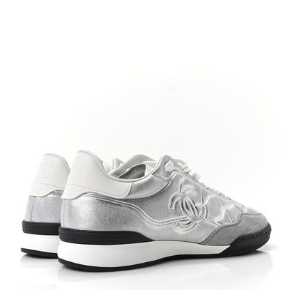 Chanel Laminated Lambskin Suede Quilted Womens CC Sneakers 37.5 Silver Gray 5 of 10