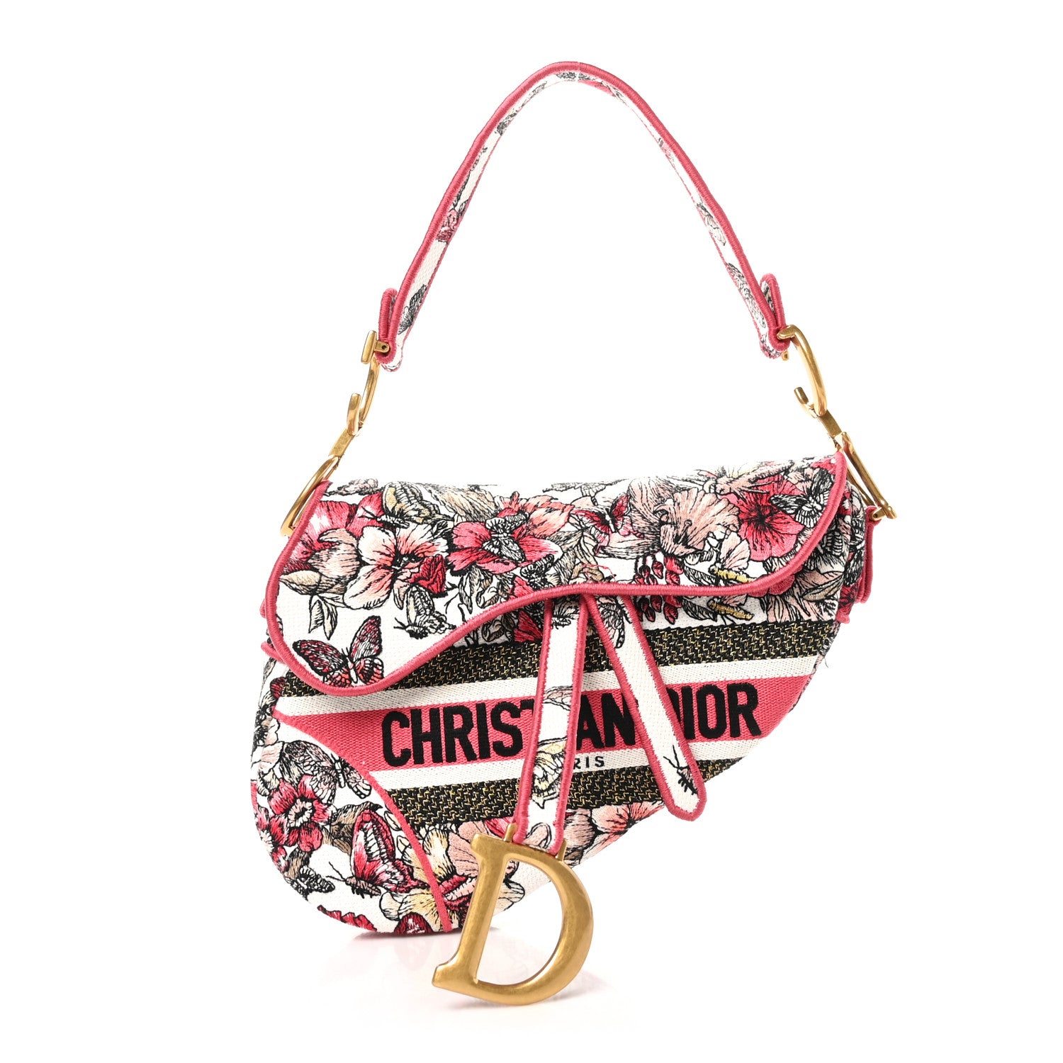 Christian Dior Canvas Embroidered Butterfly Print Saddle Bag Pink Multicolor 1 of 10