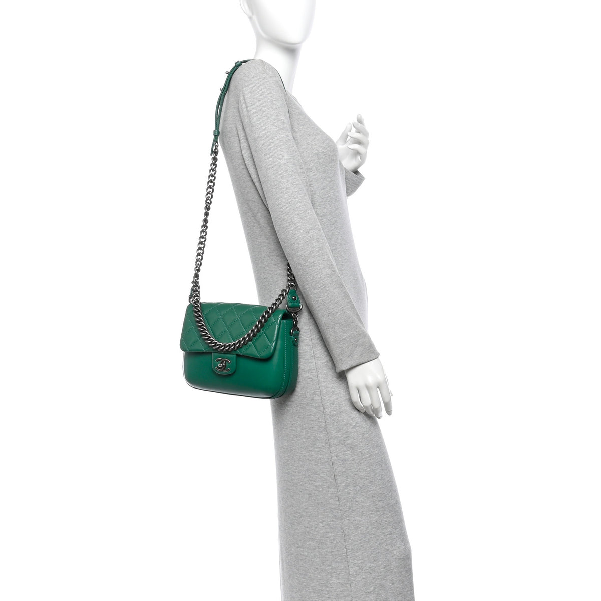 Calfskin Quilted Medium Rock My Shoulder Flap Green