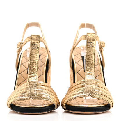 Chanel Laminated Goatskin Quilted Wedge Sandals 35 Gold 2 of 12