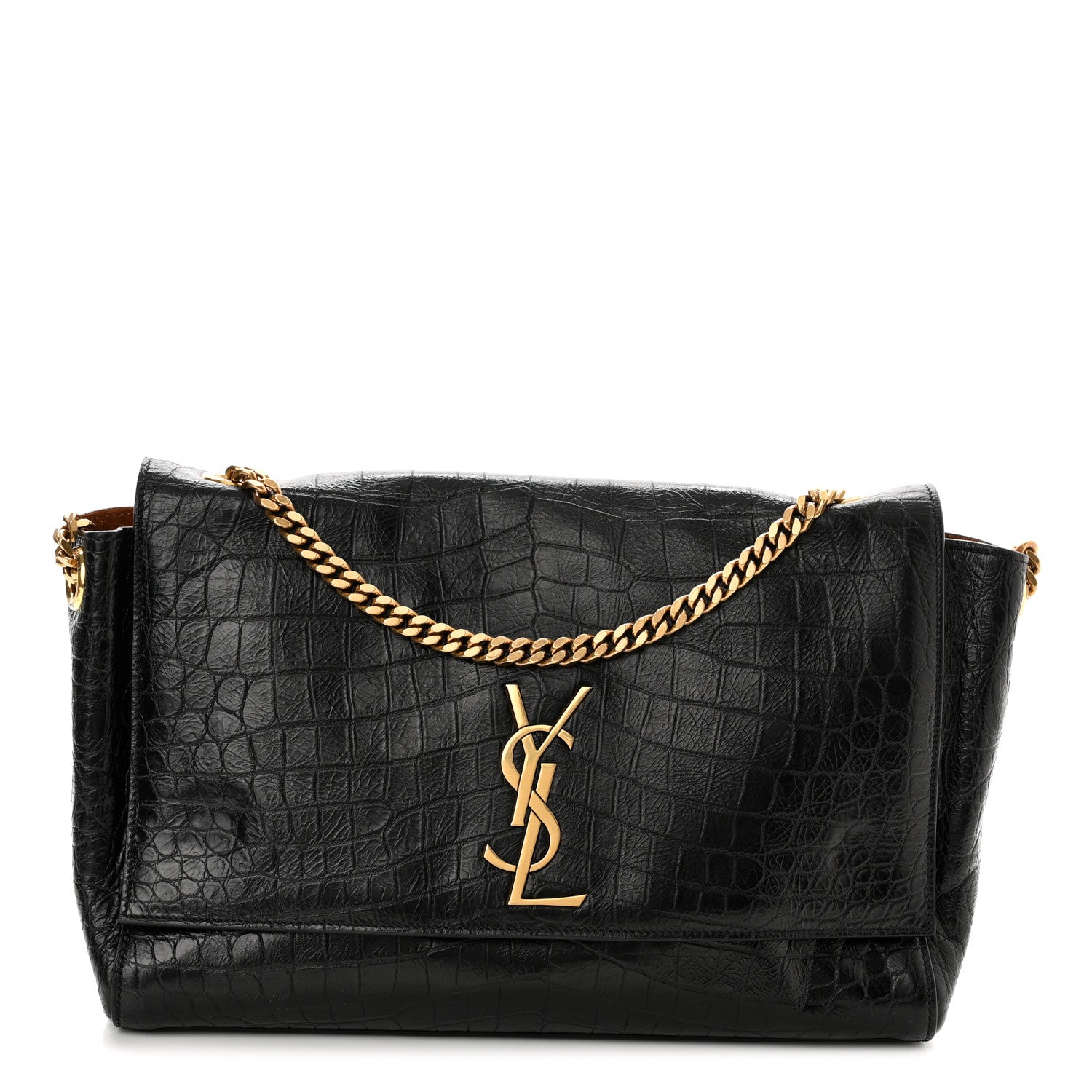 Saint Laurent Calfskin Crocodile Embossed Suede Medium Reversible Monogram Kate Satchel Military Taupe 1 of 10