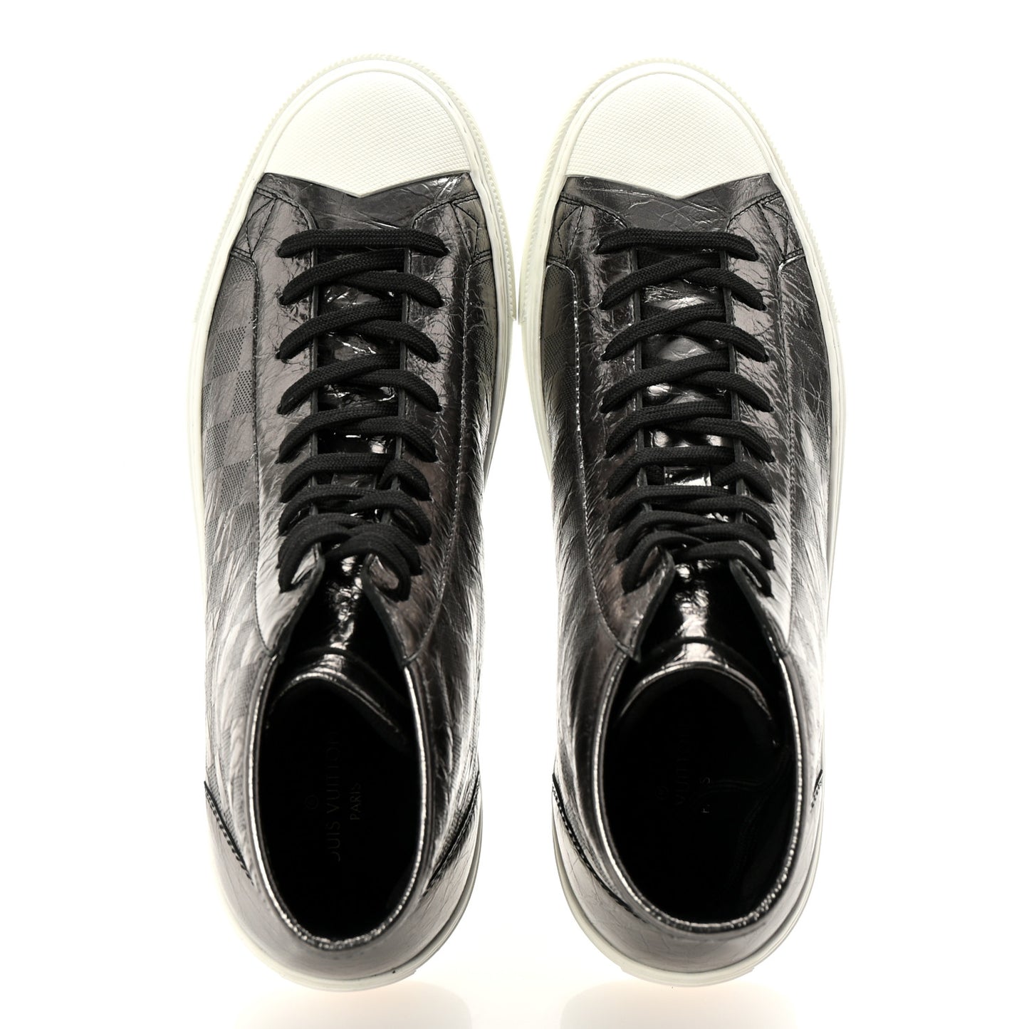 Metallic Patent Calfskin Embossed Damier Mens High Top Sneakers 8.5 Grey