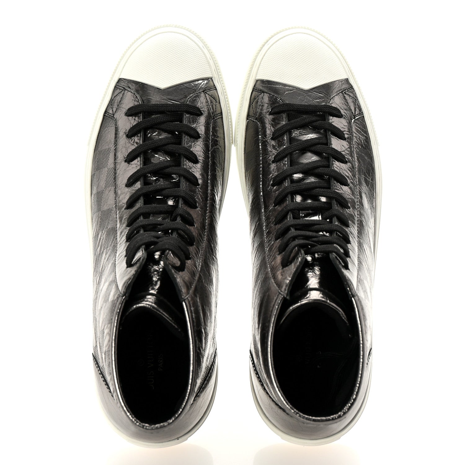 Louis Vuitton Metallic Patent Calfskin Embossed Damier Mens High Top Sneakers 8.5 Grey 2 of 9