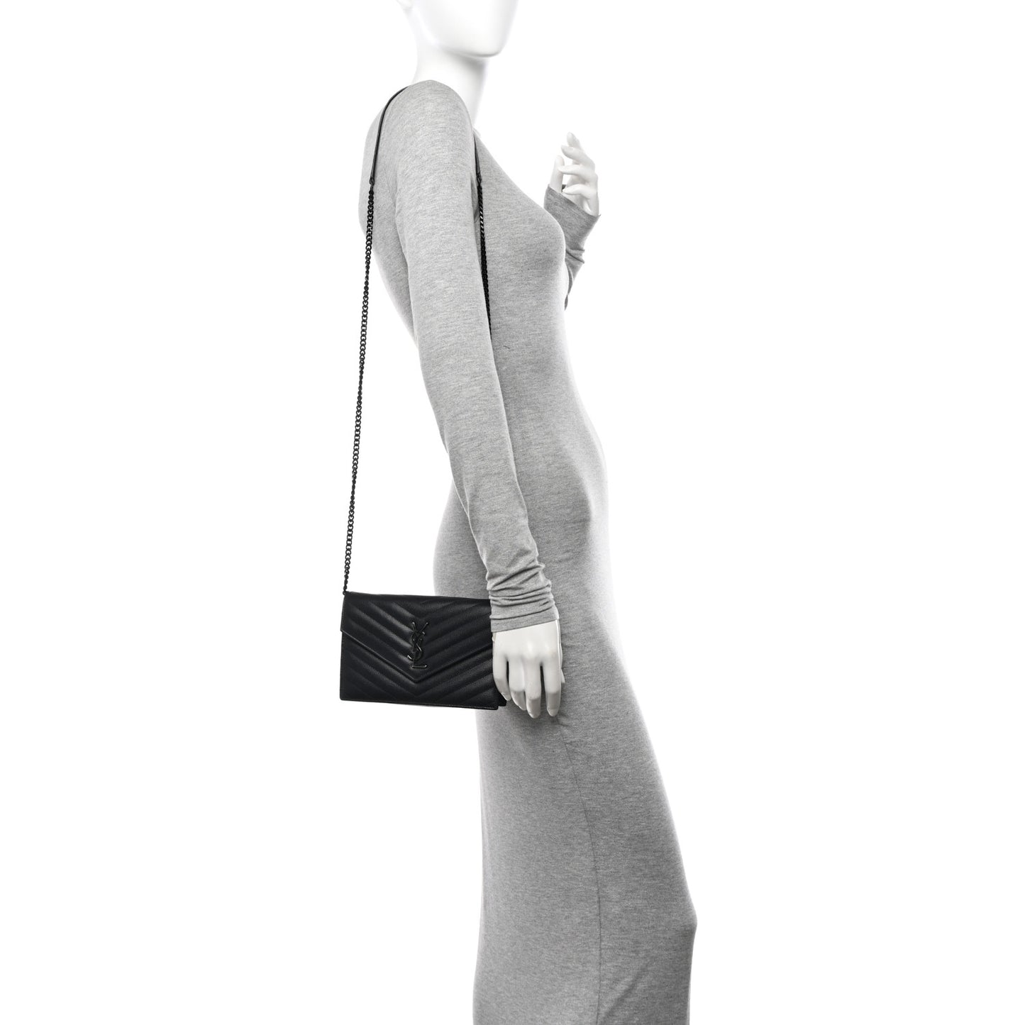 Grain De Poudre Matelasse Chevron Monogram Monochrome Envelope Chain Wallet Black