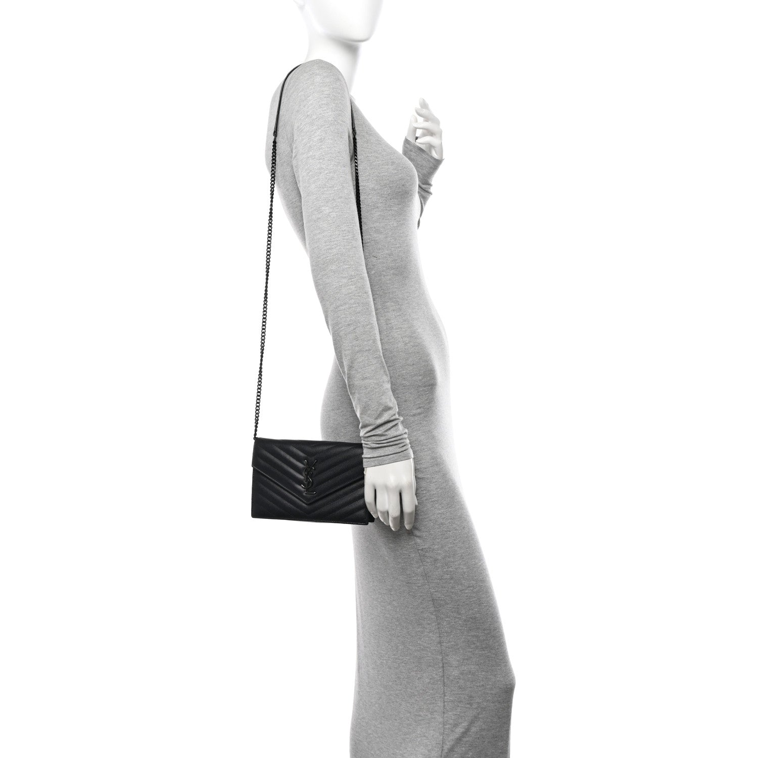 Saint Laurent Grain De Poudre Matelasse Chevron Monogram Monochrome Envelope Chain Wallet Black 2 of 18