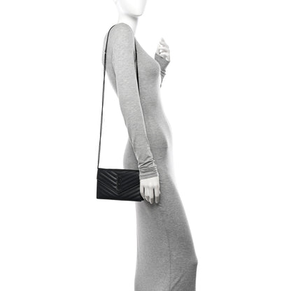 Saint Laurent Grain De Poudre Matelasse Chevron Monogram Monochrome Envelope Chain Wallet Black 2 of 18