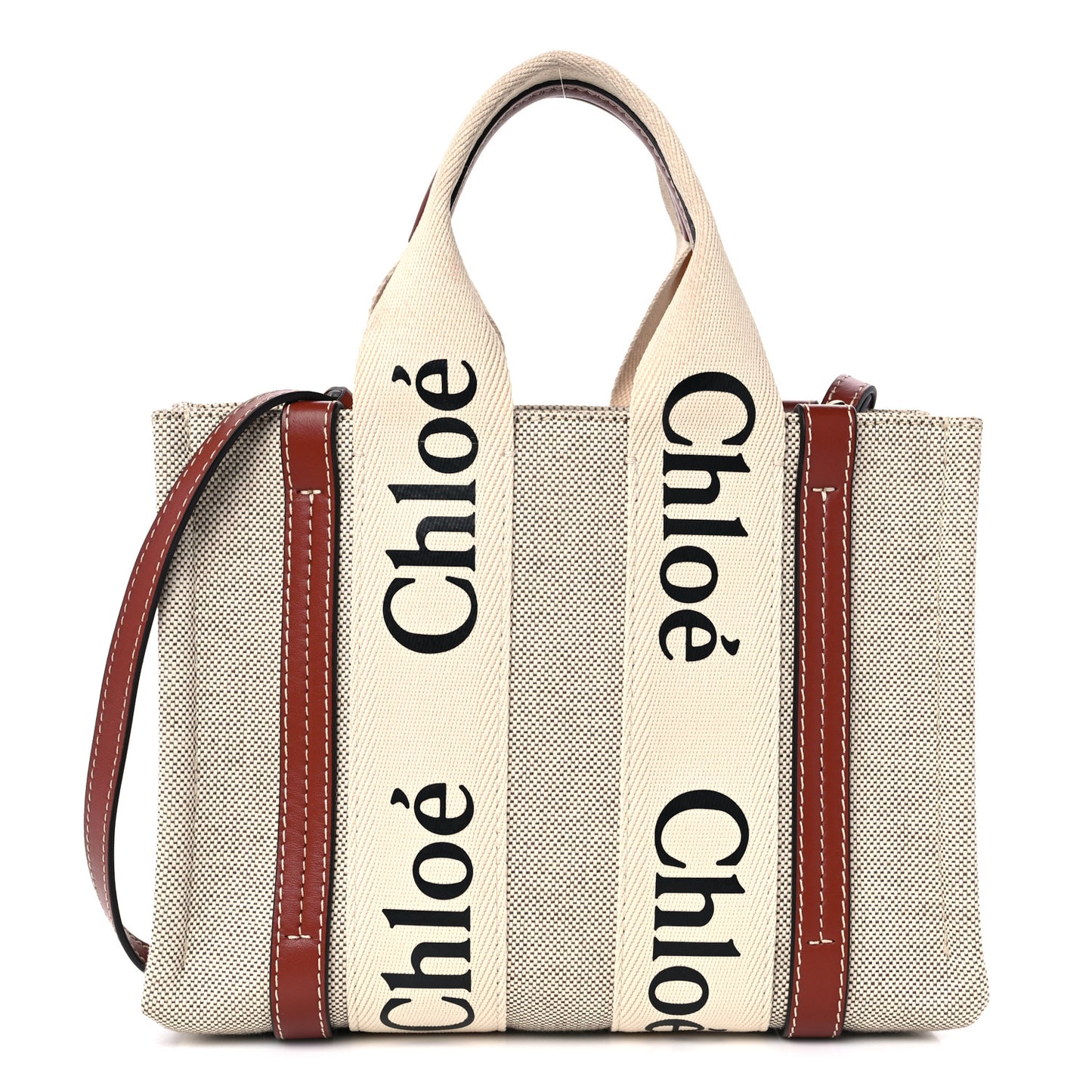 Cotton Calfskin Small Woody Ribbon Tote With Strap White Brown