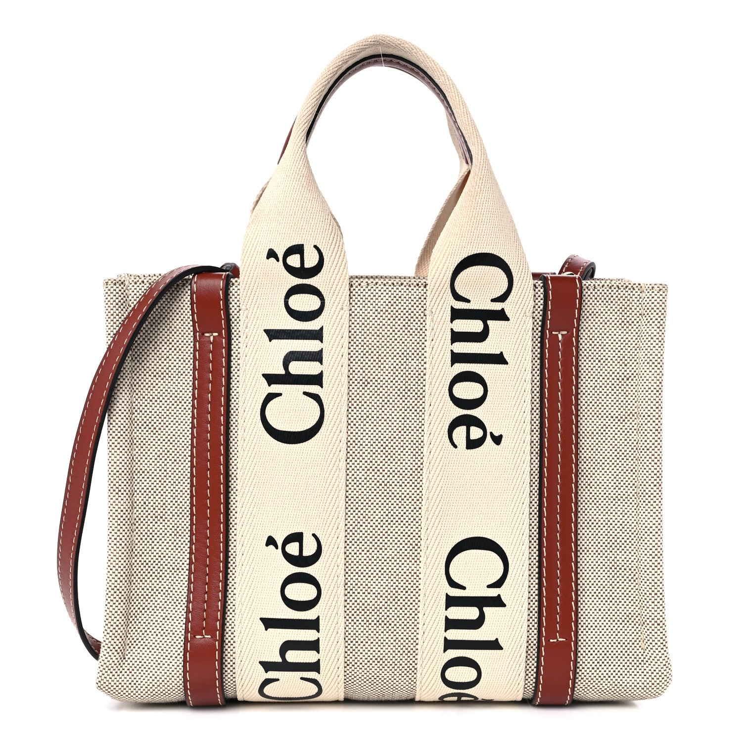 Chloe Cotton Calfskin Small Woody Ribbon Tote With Strap White Brown 1 of 8